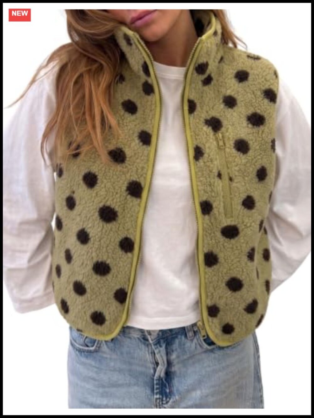 Women's Sherpa Fleece Vest Polka Dot Stand Collar Zip with Pockets